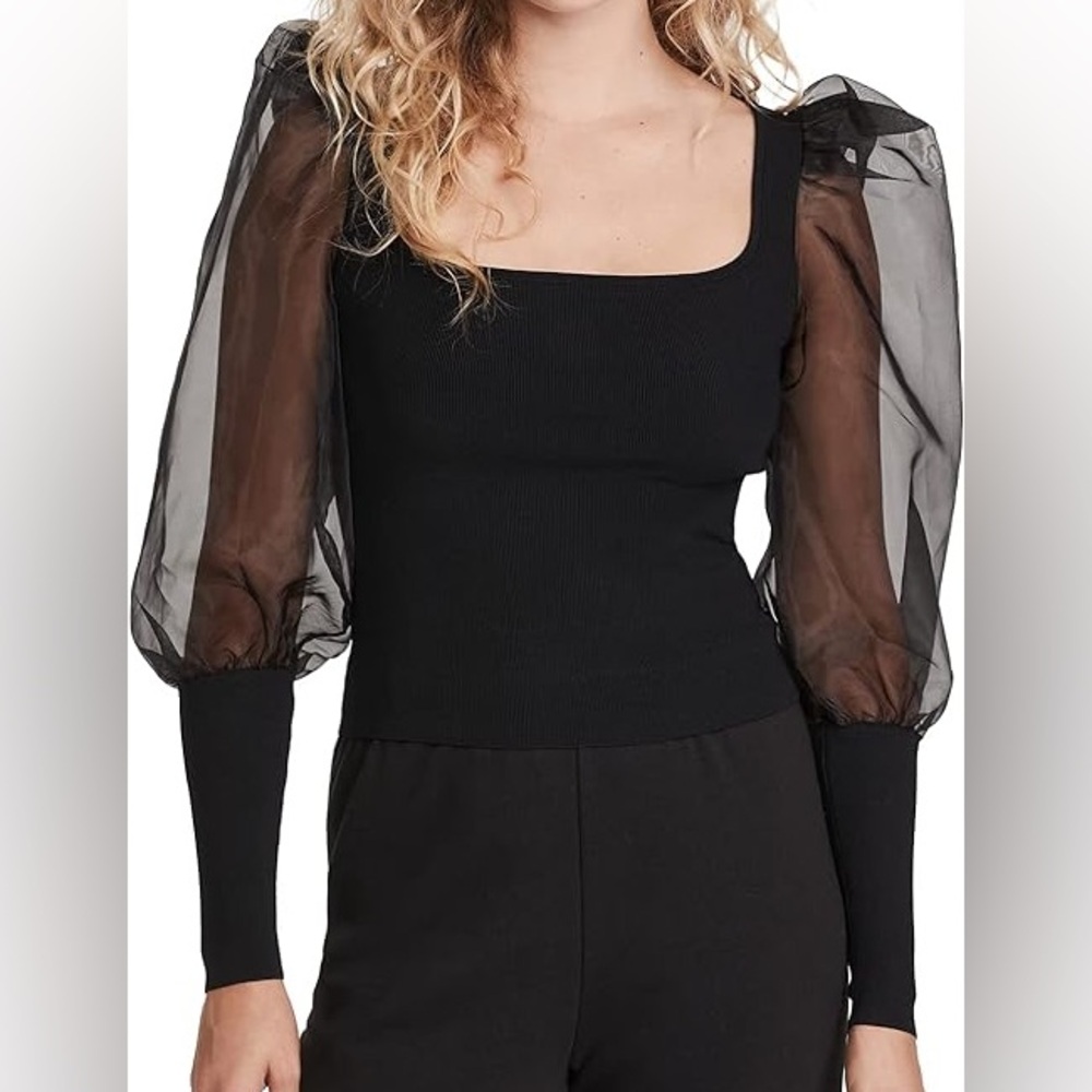 Alice & Olivia Abella Puff Sleeve Top in Black | Size SMALL
